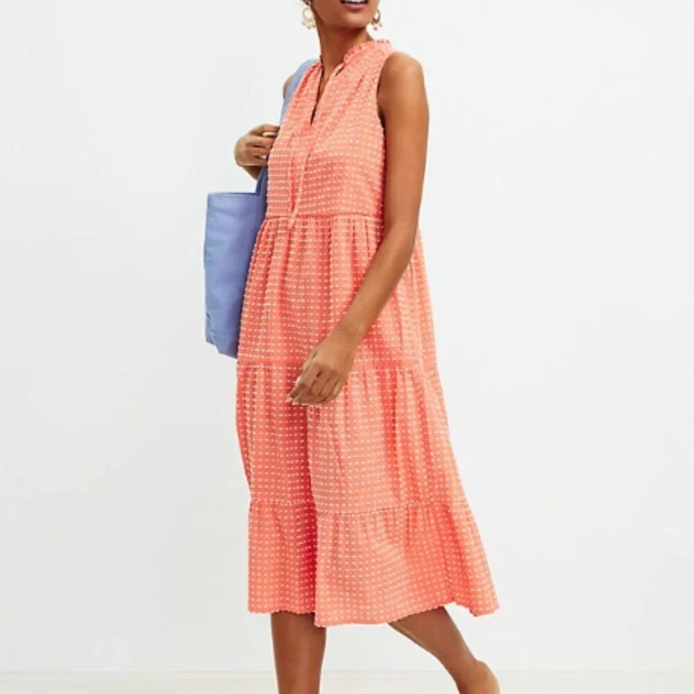 Loft Coral Clip Dot Tiered Midi Dress Size Small Tie Neck Sleeveless New